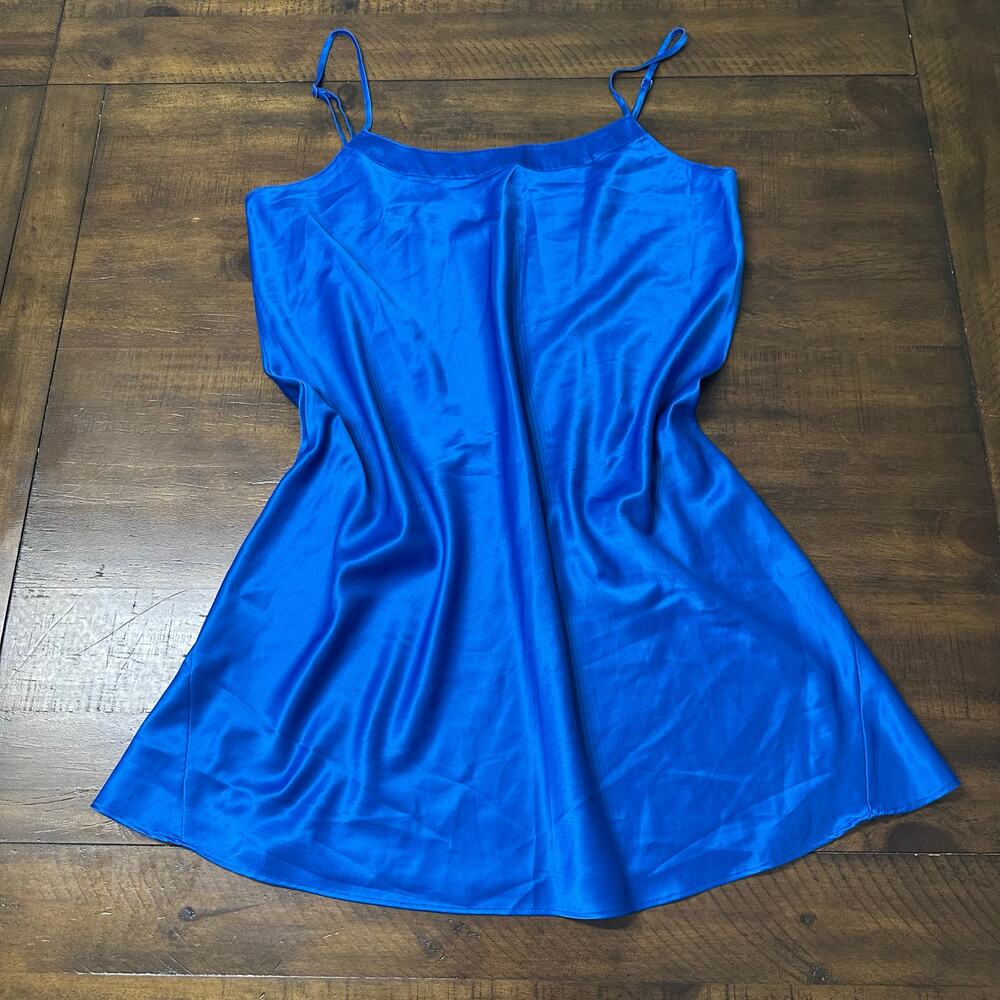 Y2K Cobalt Blue Satin Slip Chemise Nightgown Lingerie Mini Dress L